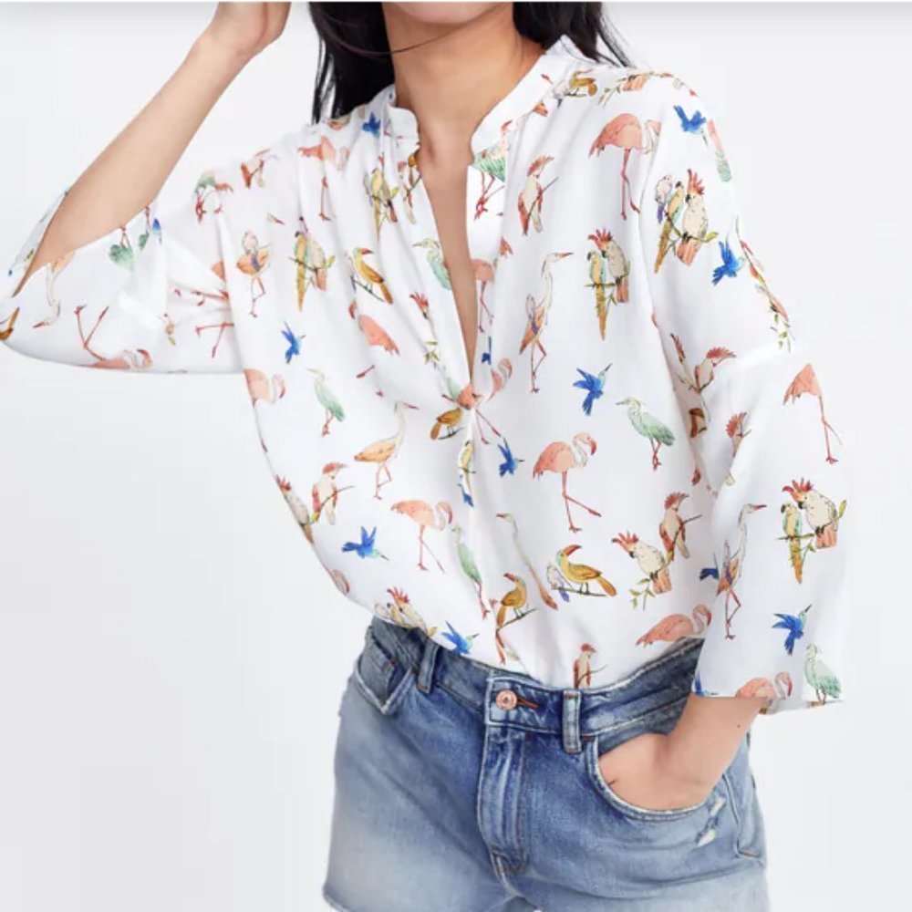 Zara Flamingo Bird Print Tunic Blouse